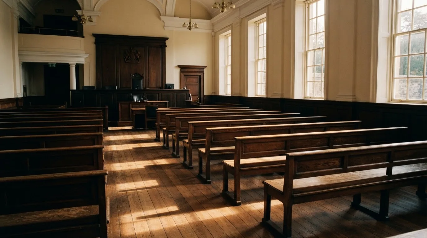 An empty courtroom with wooden benches in morning light