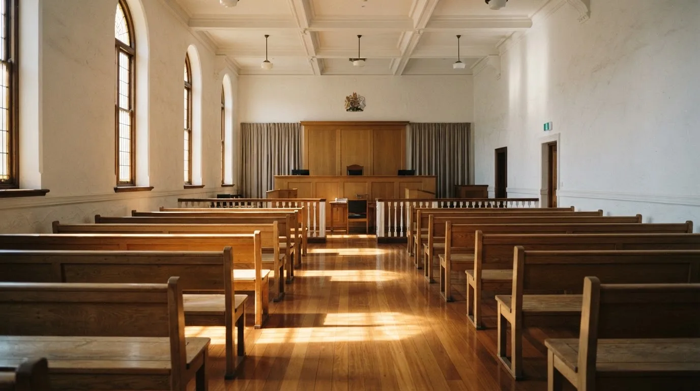 An empty courtroom with wooden benches in morning light