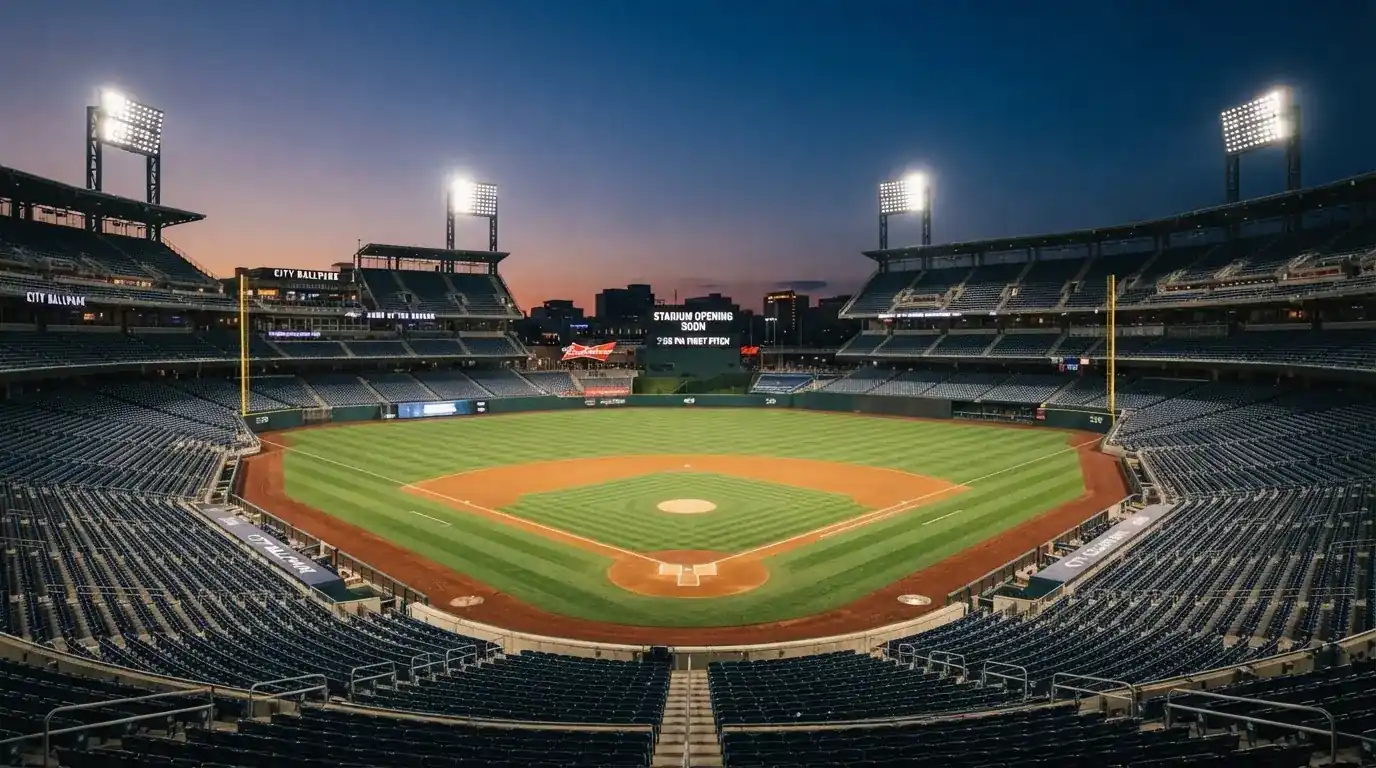 An empty football stadium with floodlight masts at dusk