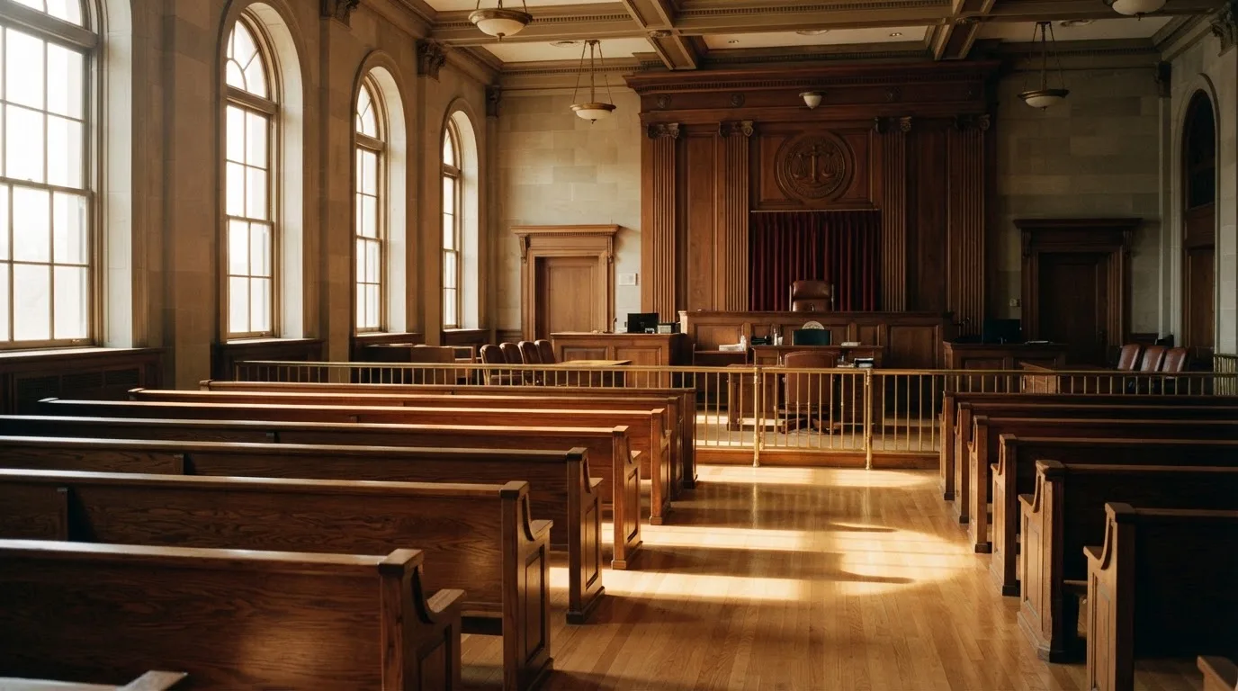 An empty courtroom with wooden benches in morning light