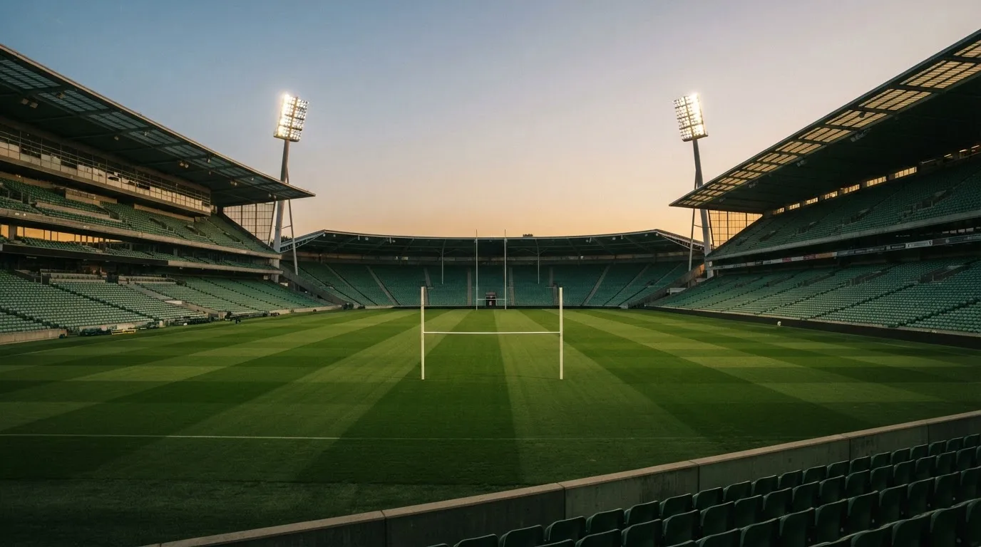 An empty football stadium with floodlight masts at dusk