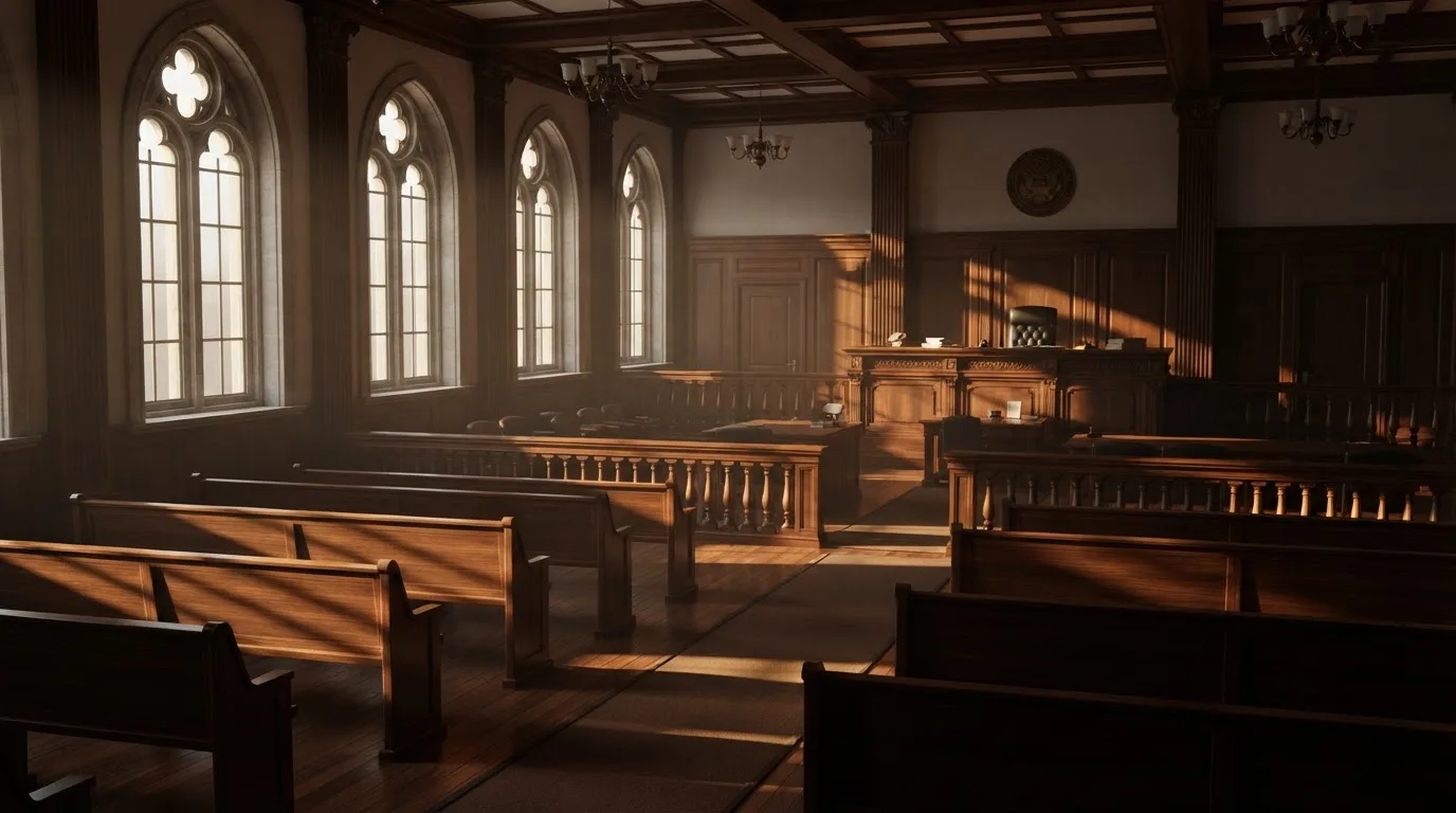 An empty courtroom with wooden benches in morning light