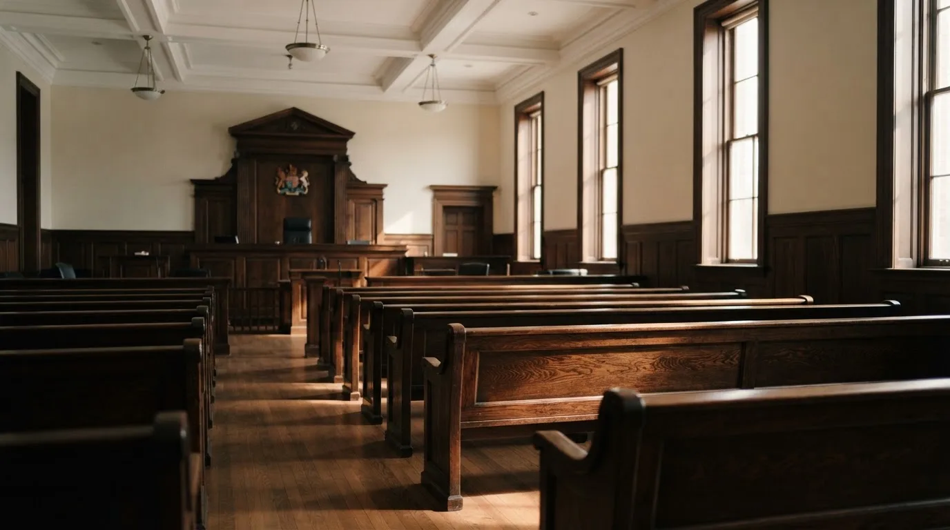 An empty courtroom with wooden benches in morning light