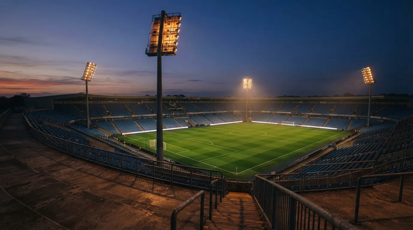An empty football stadium with floodlight masts at dusk