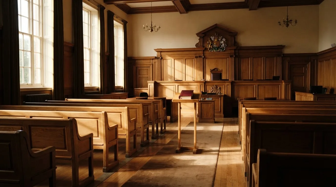 An empty courtroom with wooden benches in morning light