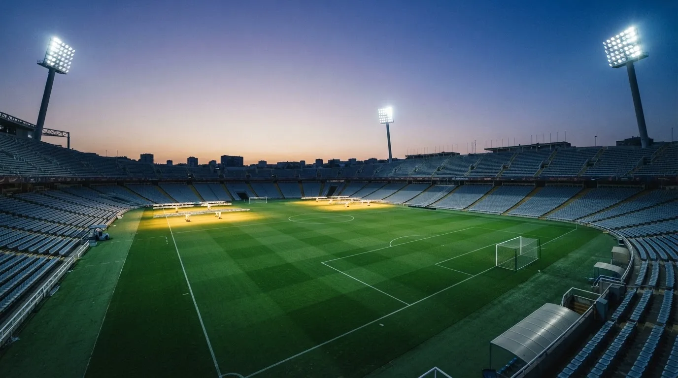 An empty football stadium with floodlight masts at dusk