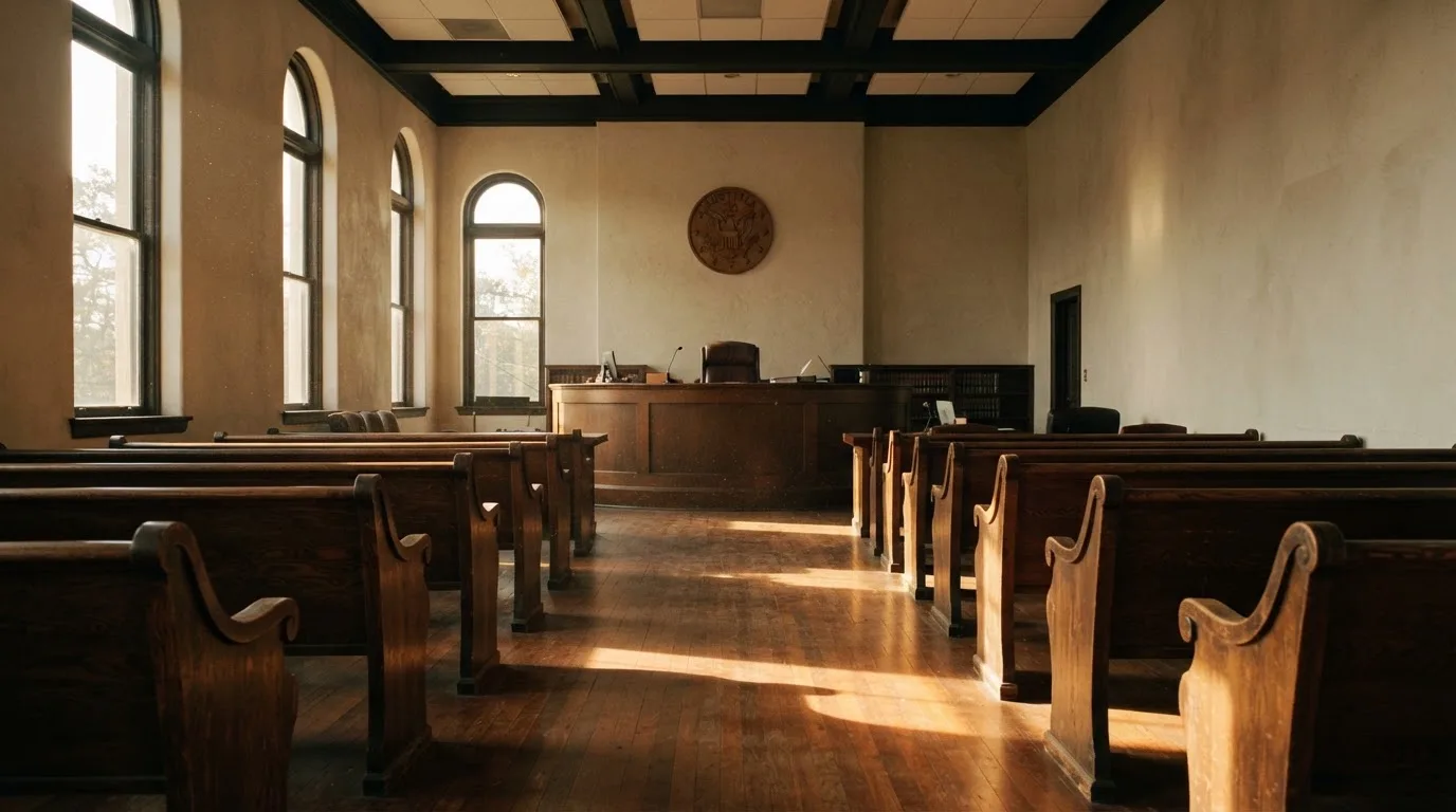 An empty courtroom with wooden benches in morning light