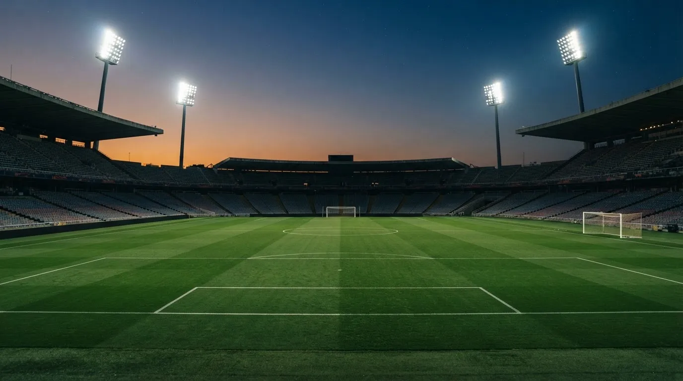An empty football stadium with floodlight masts at dusk