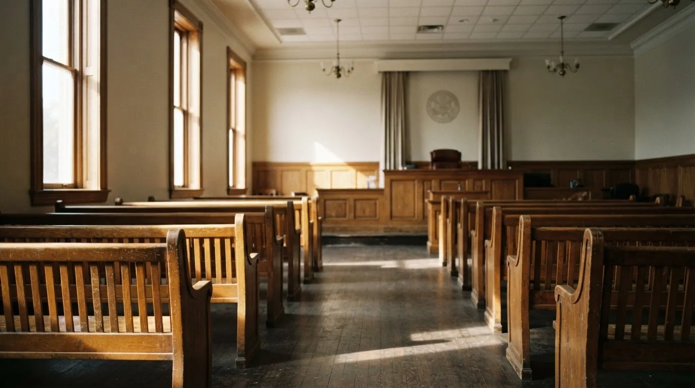 An empty courtroom with wooden benches in morning light