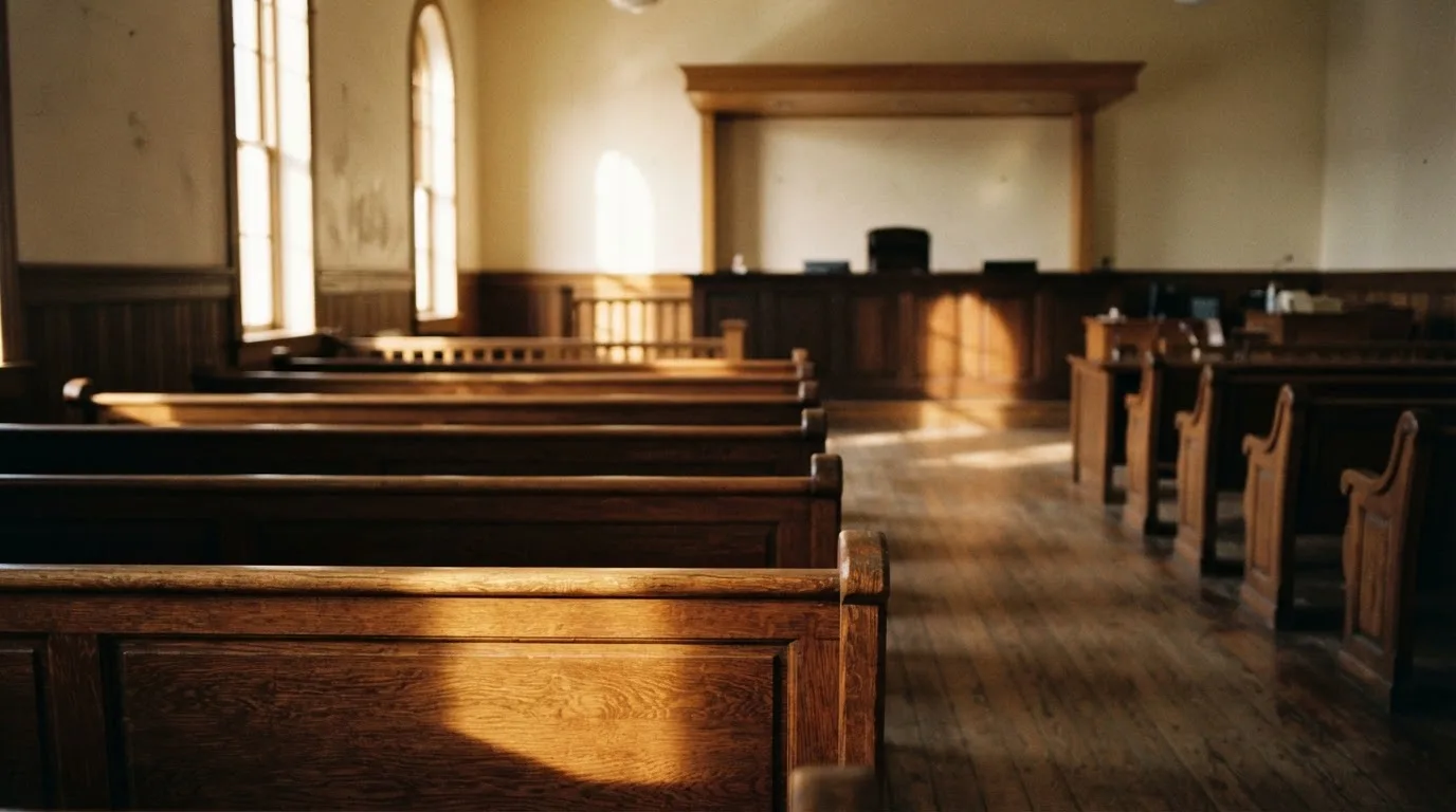 An empty courtroom with wooden benches in morning light