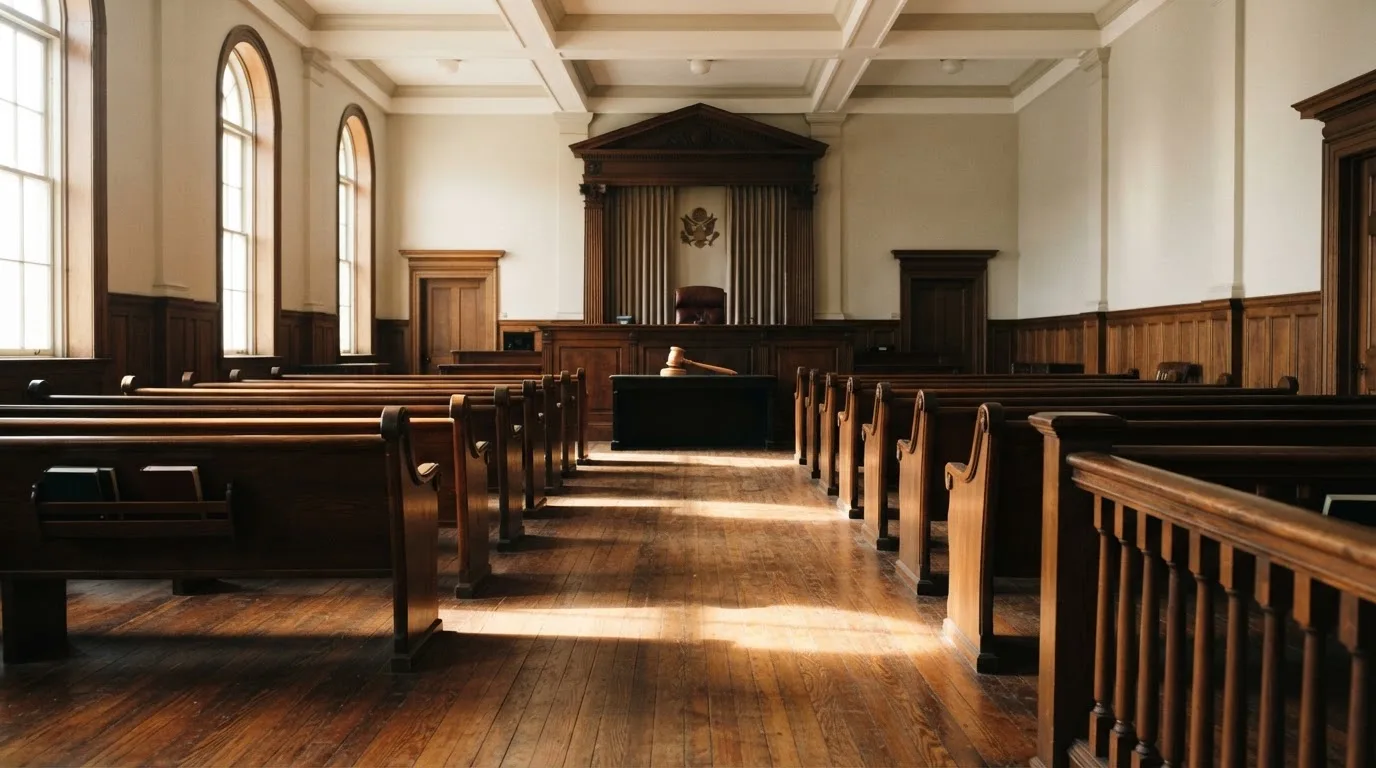 An empty courtroom with wooden benches in morning light