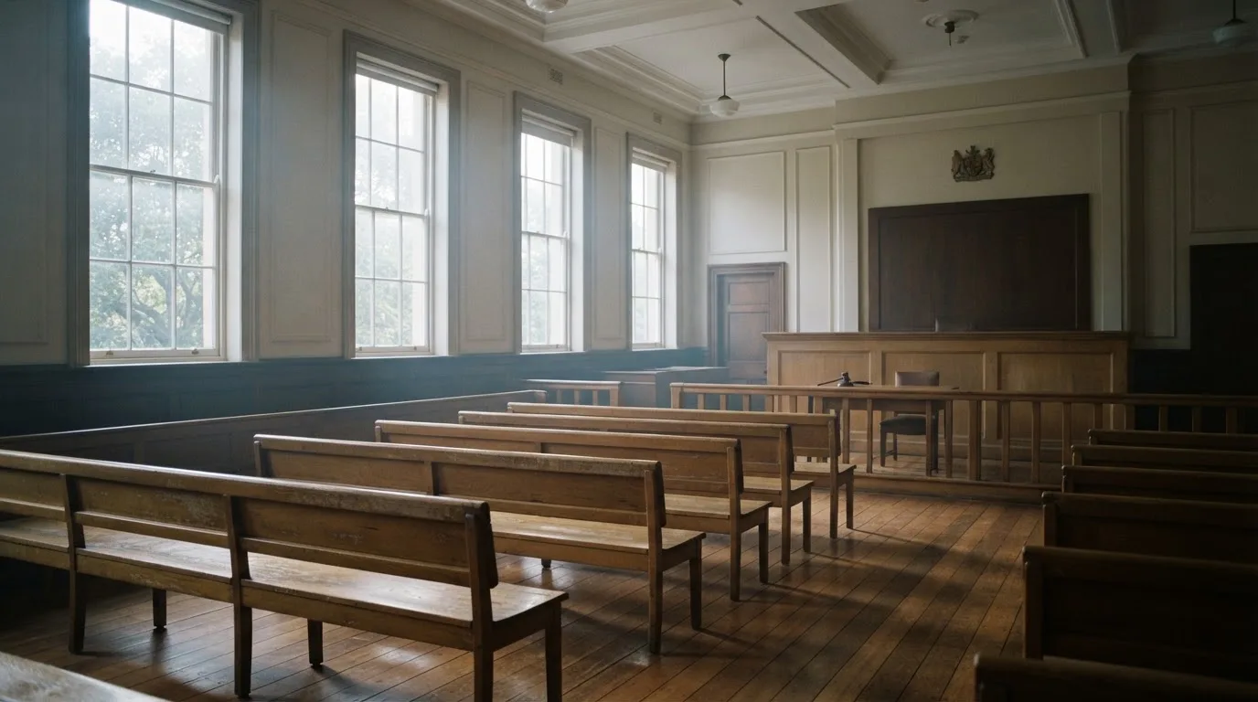 An empty courtroom with wooden benches in morning light