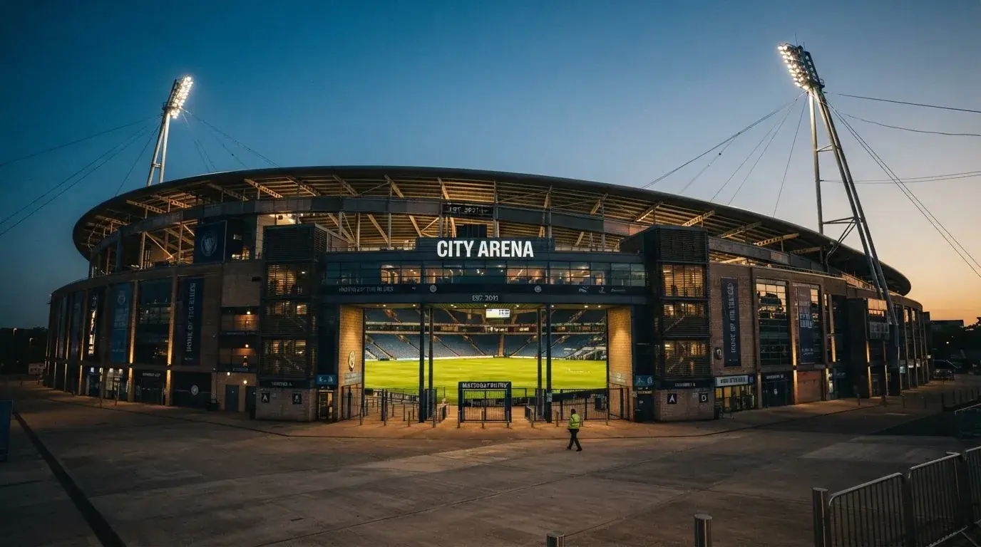 An empty football stadium with floodlight masts at dusk