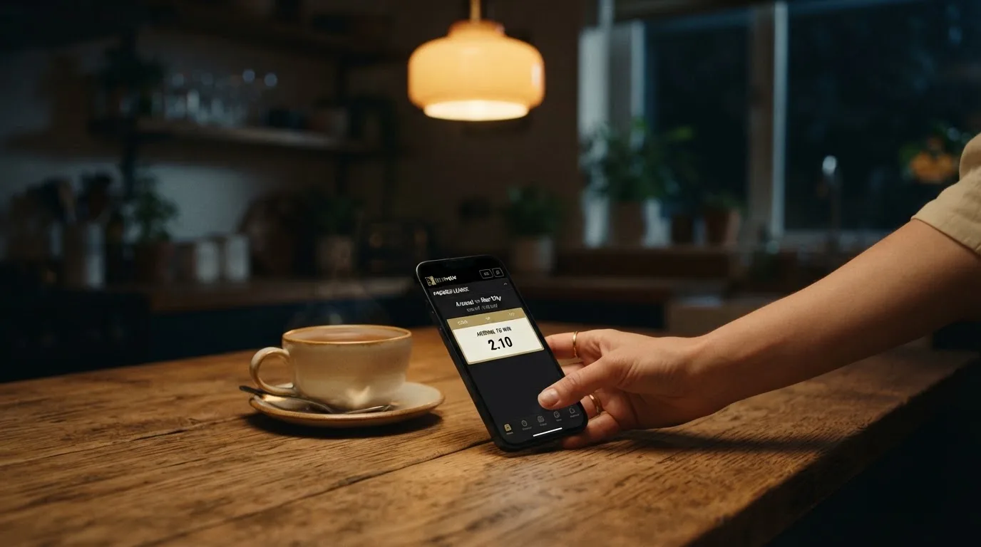 A hand setting a smartphone down beside a cup of tea on a kitchen table on a quiet evening
