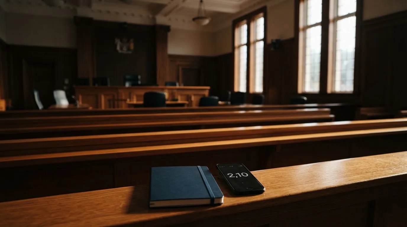 An empty courtroom with wooden benches in morning light