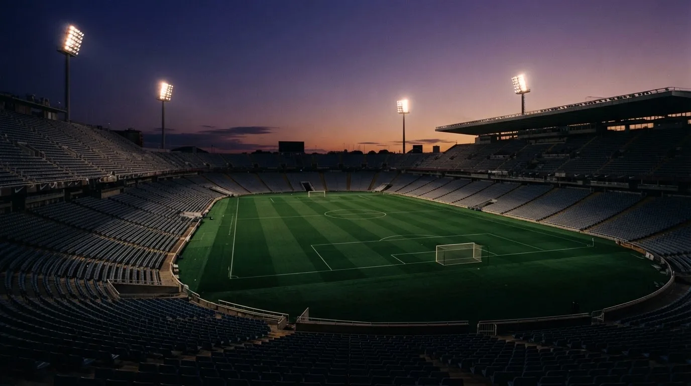 An empty football stadium with floodlight masts at dusk