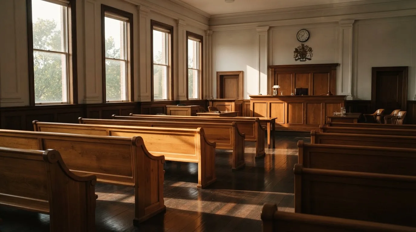 An empty courtroom with wooden benches in morning light
