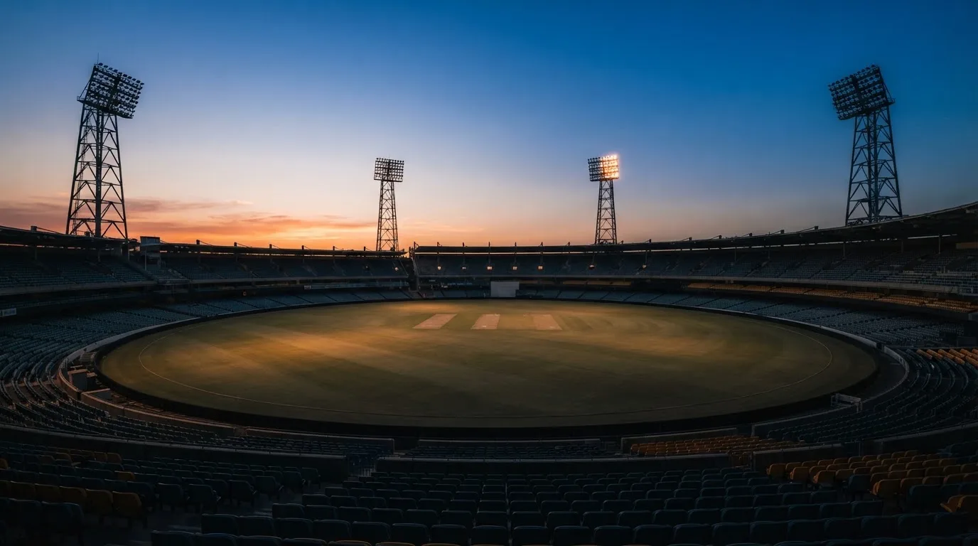 An empty football stadium with floodlight masts at dusk