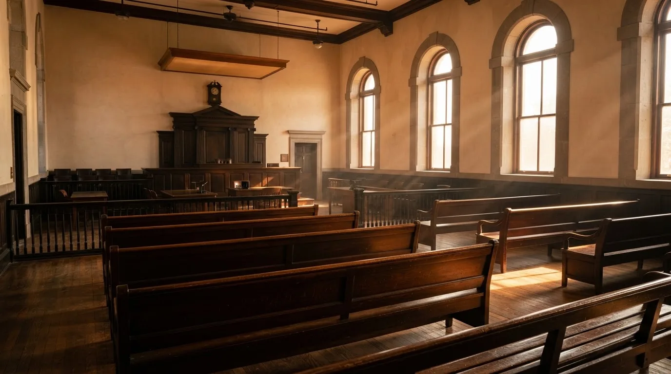 An empty courtroom with wooden benches in morning light