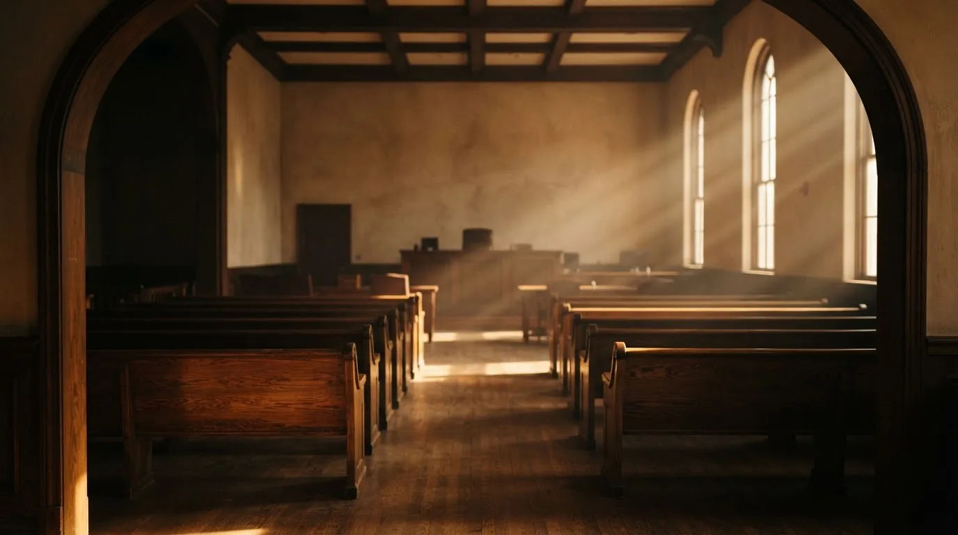 An empty courtroom with wooden benches in morning light