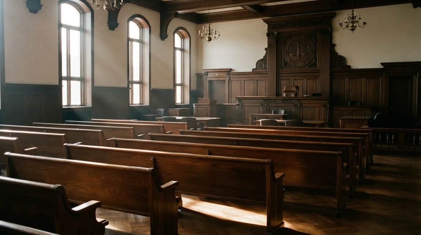An empty courtroom with wooden benches in morning light