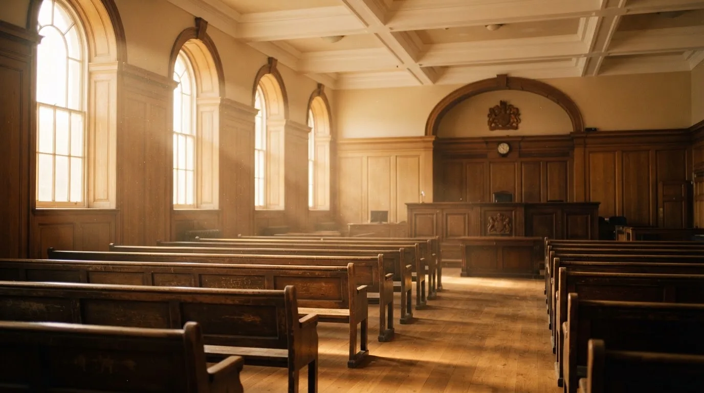 An empty courtroom with wooden benches in morning light