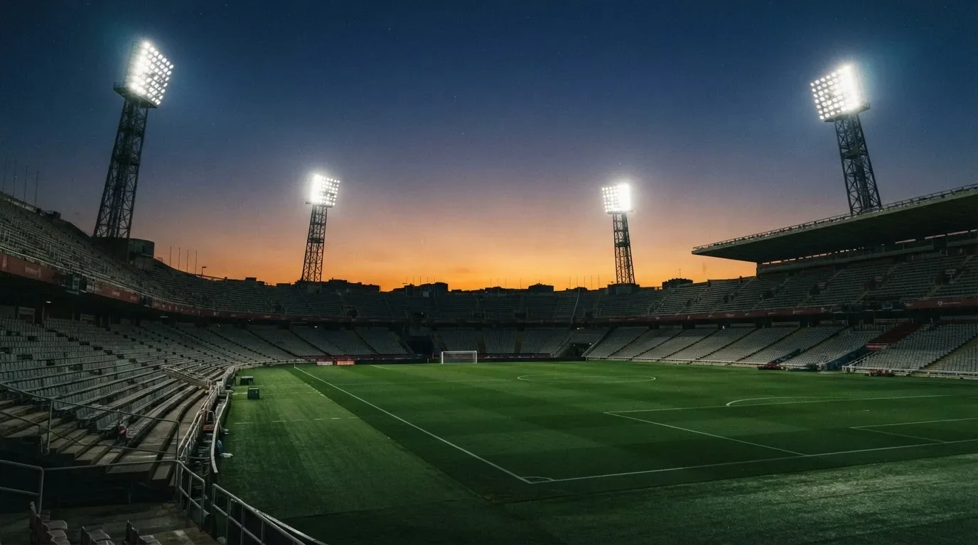 An empty football stadium with floodlight masts at dusk