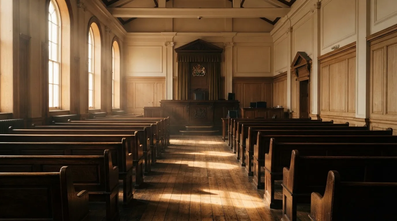An empty courtroom with wooden benches in morning light