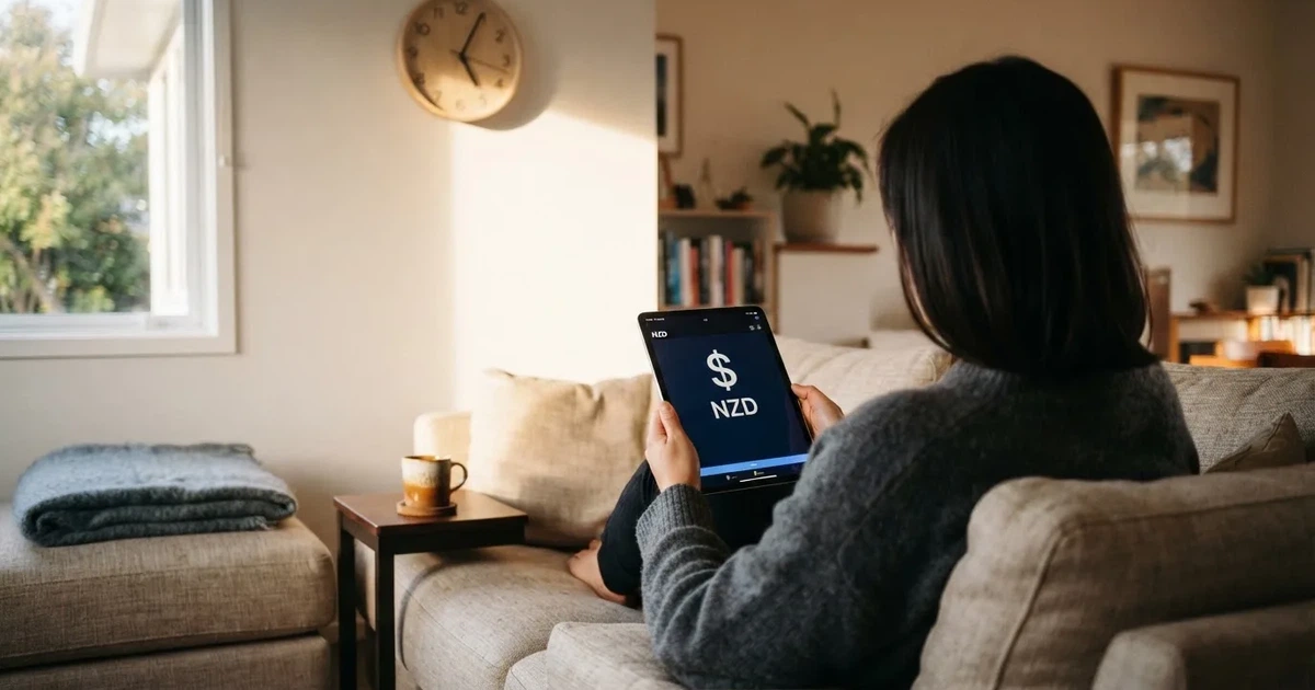 A person on a sofa looking thoughtfully at a tablet, a wall clock in the background