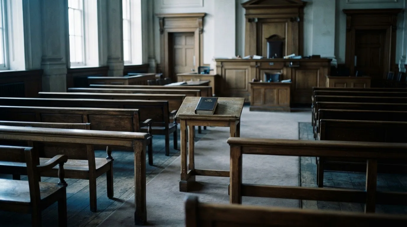 An empty courtroom with wooden benches in morning light