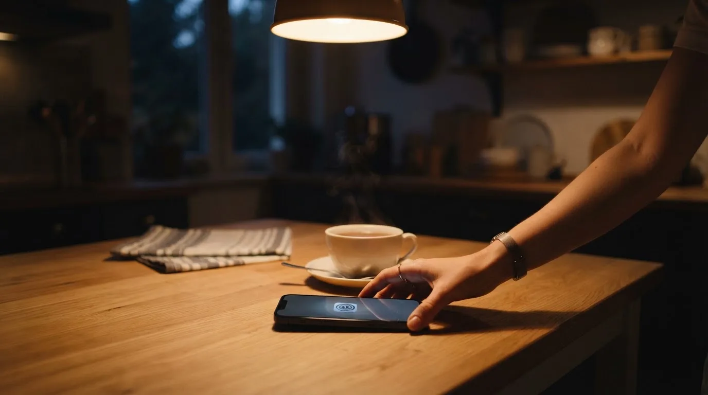 A hand setting a smartphone down beside a cup of tea on a kitchen table on a quiet evening