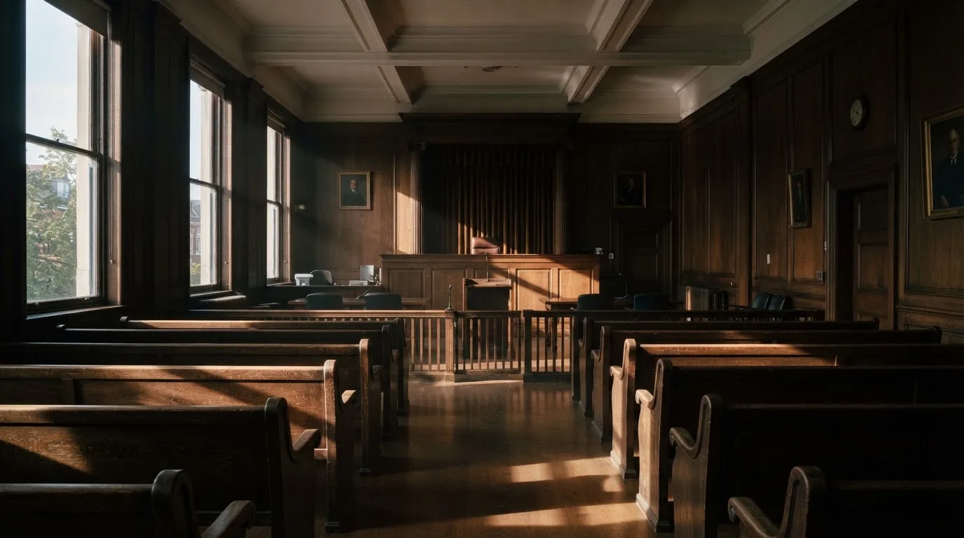 An empty courtroom with wooden benches in morning light