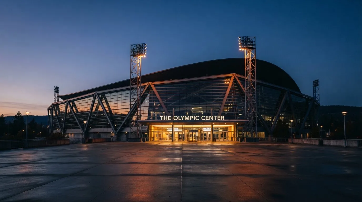 An empty football stadium with floodlight masts at dusk