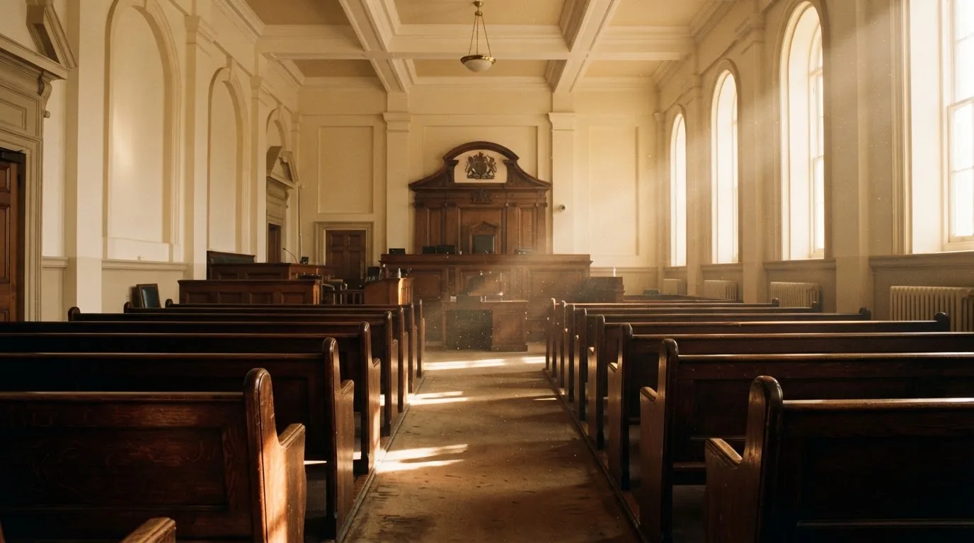 An empty courtroom with wooden benches in morning light