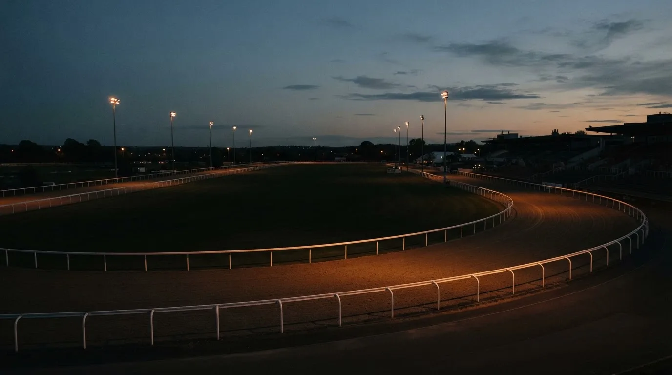 An empty football stadium with floodlight masts at dusk