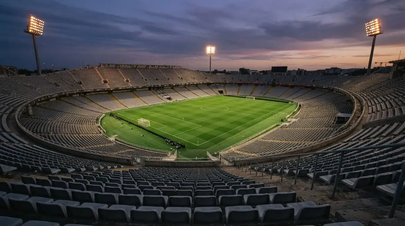An empty football stadium with floodlight masts at dusk