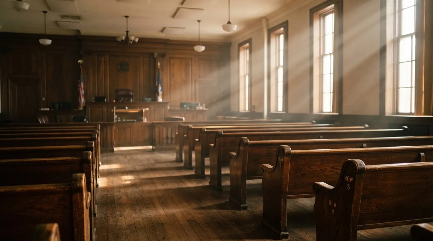 An empty courtroom with wooden benches in morning light