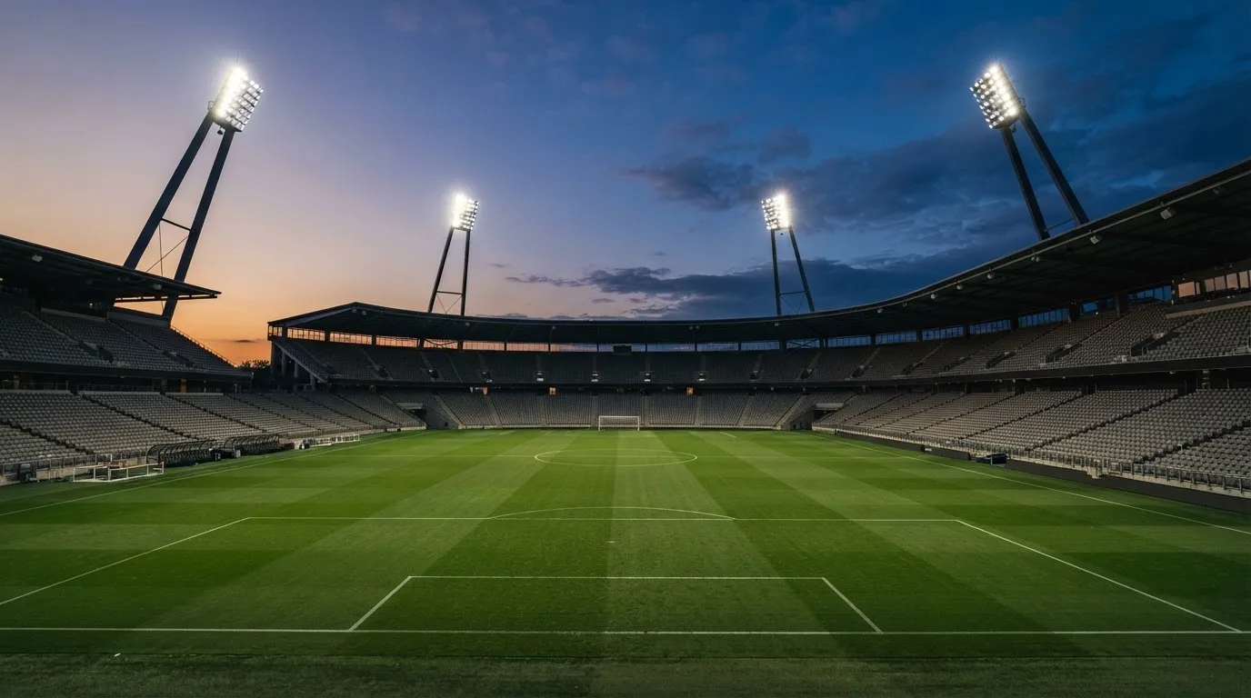 An empty football stadium with floodlight masts at dusk