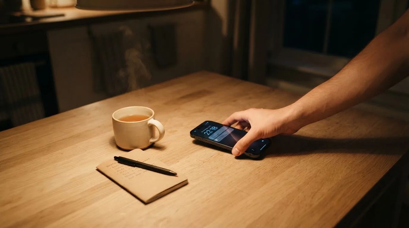 A hand setting a smartphone down beside a cup of tea on a kitchen table on a quiet evening