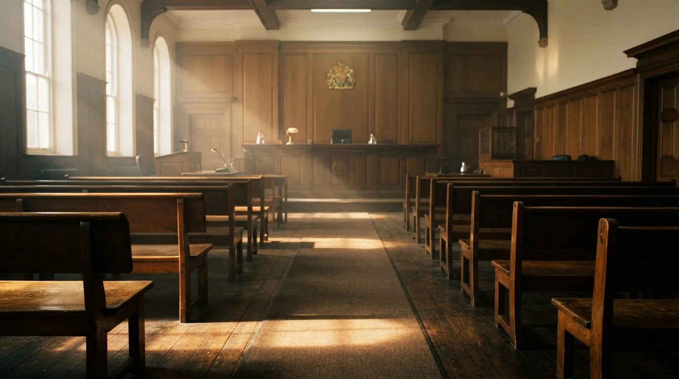 An empty courtroom with wooden benches in morning light