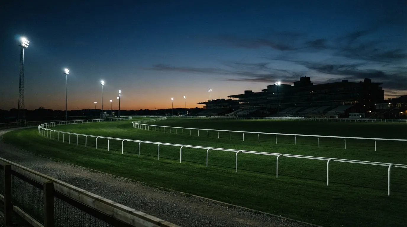 An empty football stadium with floodlight masts at dusk