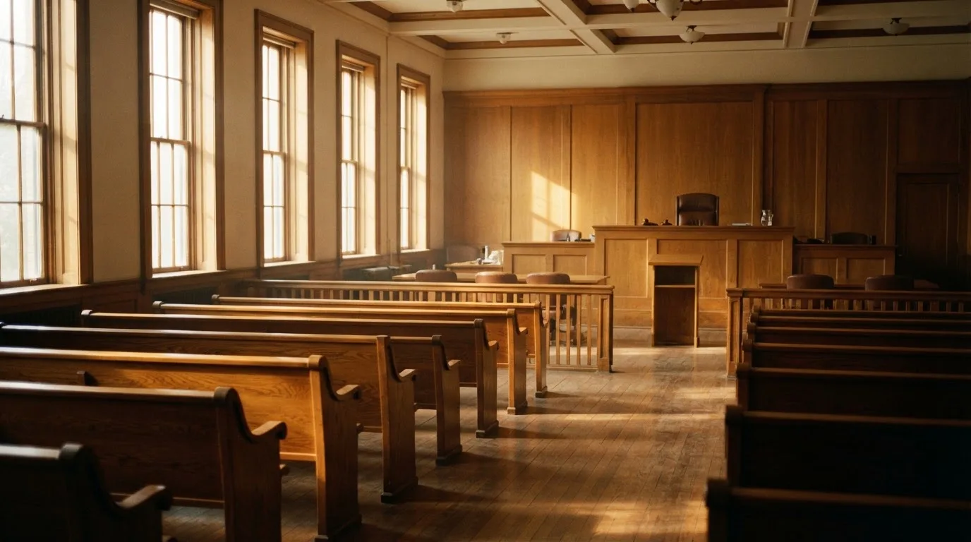 An empty courtroom with wooden benches in morning light