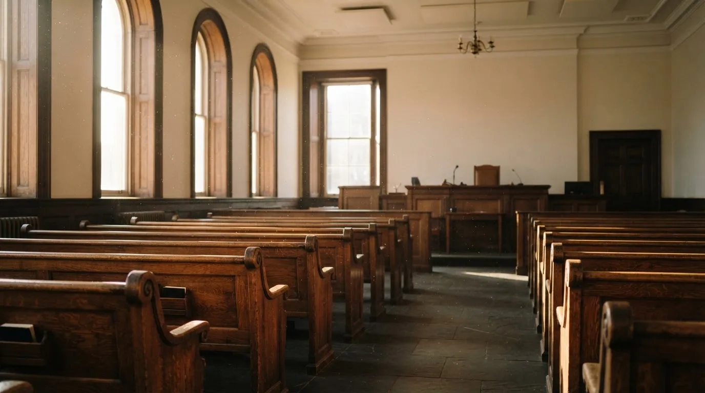 An empty courtroom with wooden benches in morning light