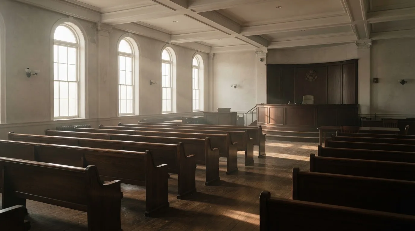 An empty courtroom with wooden benches in morning light