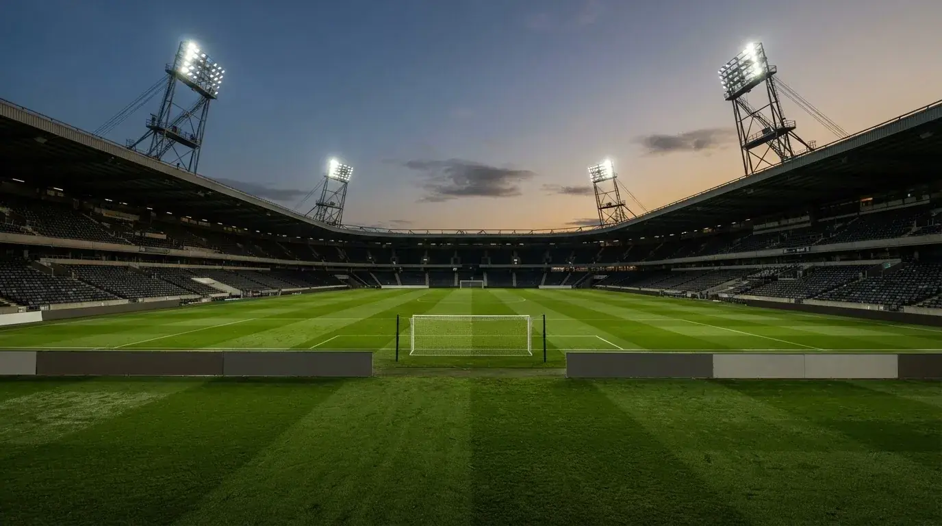 An empty football stadium with floodlight masts at dusk