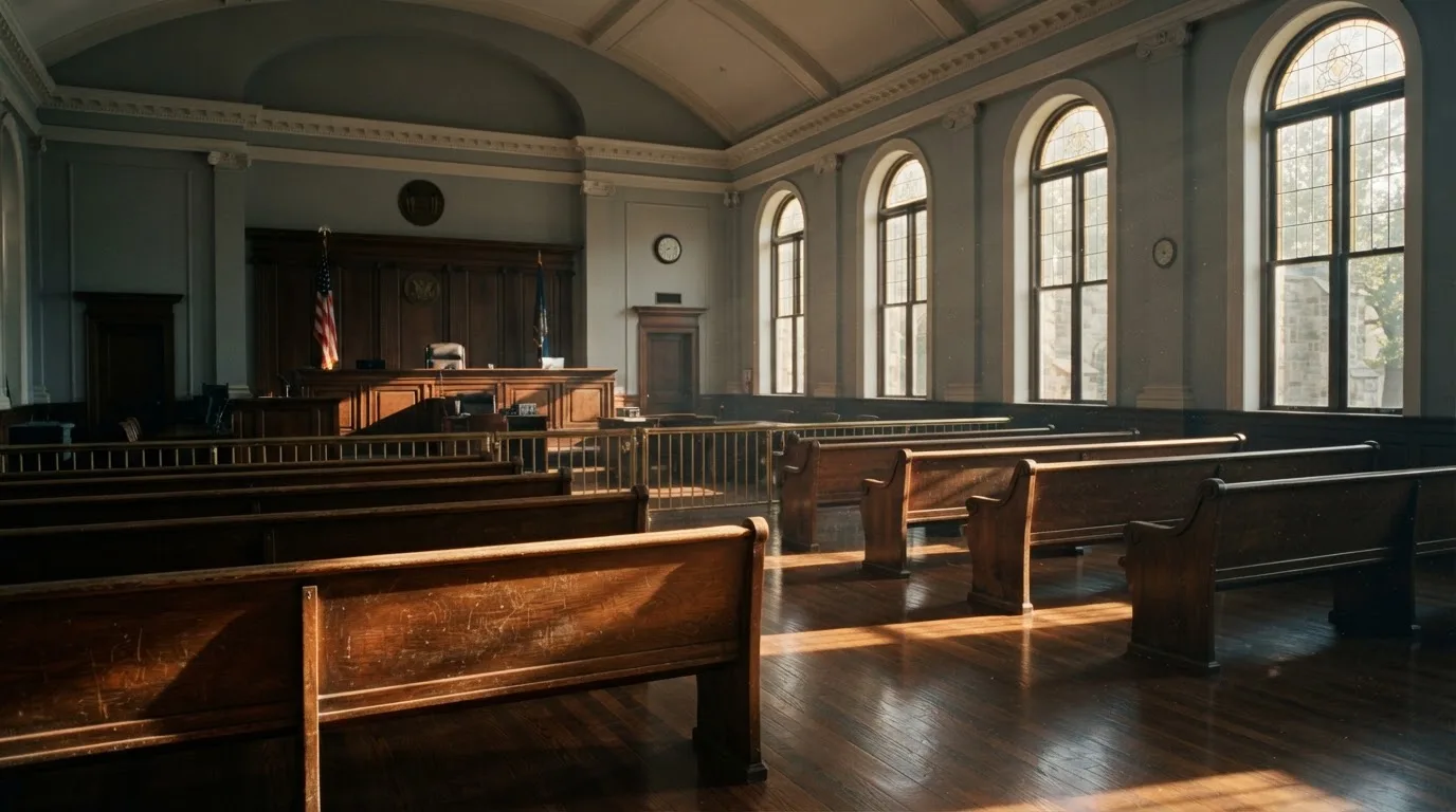 An empty courtroom with wooden benches in morning light